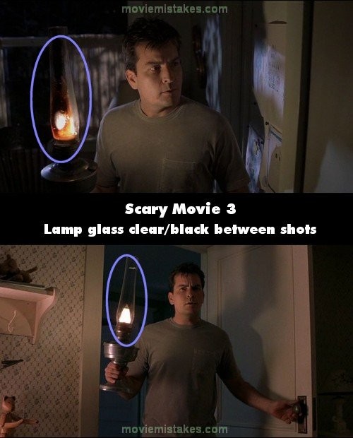 Phim Scary Movie 3, chiếc đèn dầu Tom cầm trên tay từ chỗ bị ám muội khói đen sì đã trở nên sạch sẽ, trắng tinh